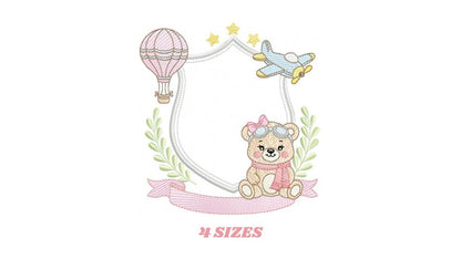 Pilot Bear embroidery designs - Baby Girl Aviator with frame machine embroidery pattern - Aviator Teddy Bear file - Instant digital download