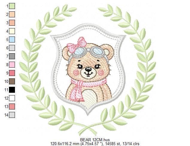 Pilot Bear embroidery designs - Baby Girl Aviator with laurel frame machine embroidery pattern - Teddy bear file - Instant digital download