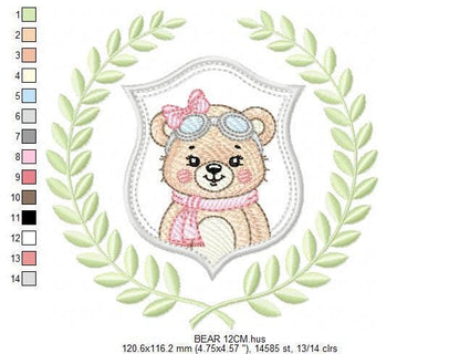 Pilot Bear embroidery designs - Baby Girl Aviator with laurel frame machine embroidery pattern - Teddy bear file - Instant digital download