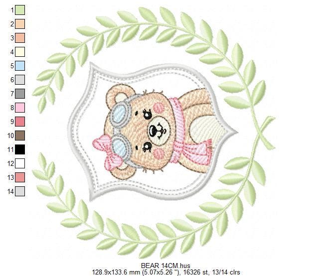 Pilot Bear embroidery designs - Baby Girl Aviator with laurel frame machine embroidery pattern - Teddy bear file - Instant digital download