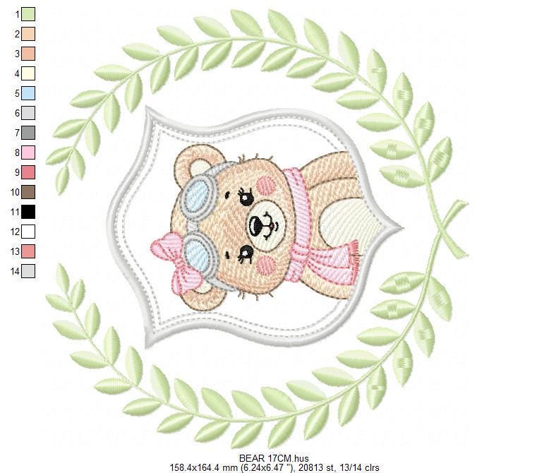 Pilot Bear embroidery designs - Baby Girl Aviator with laurel frame machine embroidery pattern - Teddy bear file - Instant digital download