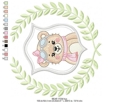 Pilot Bear embroidery designs - Baby Girl Aviator with laurel frame machine embroidery pattern - Teddy bear file - Instant digital download