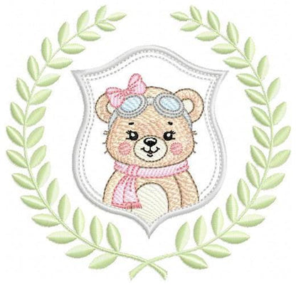 Pilot Bear embroidery designs - Baby Girl Aviator with laurel frame machine embroidery pattern - Teddy bear file - Instant digital download