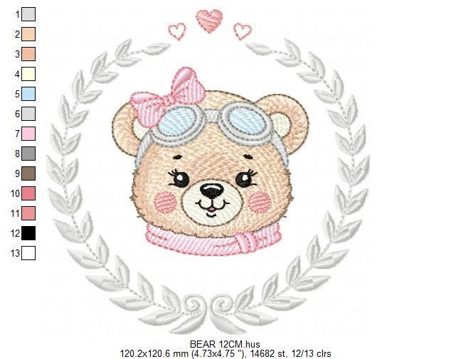 Pilot Bear embroidery designs - Baby Girl with laurel frame machine embroidery pattern - Aviator Teddy bear file - Instant digital download