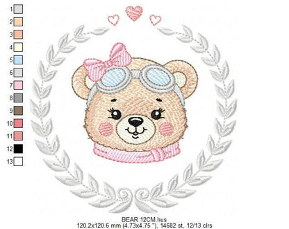 Pilot Bear embroidery designs - Baby Girl with laurel frame machine embroidery pattern - Aviator Teddy bear file - Instant digital download