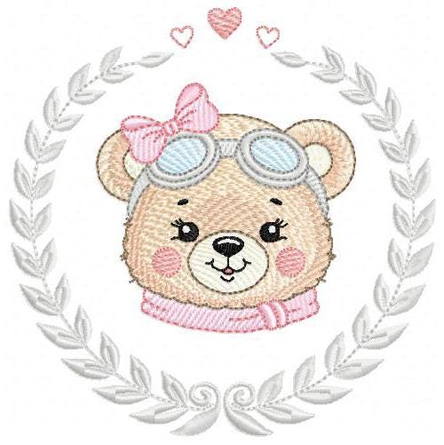 Pilot Bear embroidery designs - Baby Girl with laurel frame machine embroidery pattern - Aviator Teddy bear file - Instant digital download