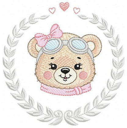 Pilot Bear embroidery designs - Baby Girl with laurel frame machine embroidery pattern - Aviator Teddy bear file - Instant digital download