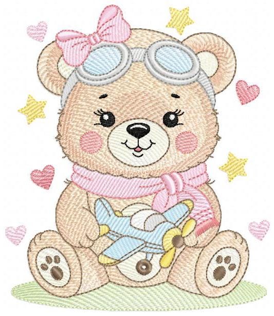 Pilot Bear embroidery designs - Baby Girl with airplane machine embroidery pattern - Pink Aviator Teddy bear file - Instant download pes jef