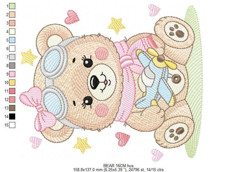 Pilot Bear embroidery designs - Baby Girl with airplane machine embroidery pattern - Pink Aviator Teddy bear file - Instant download pes jef