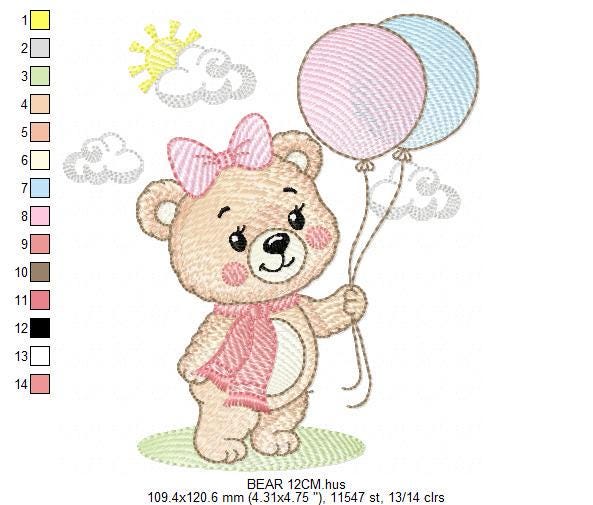 Bear with balloons embroidery designs - Baby girl with scarf machine embroidery pattern - Baby Birthday party - Instant digital download