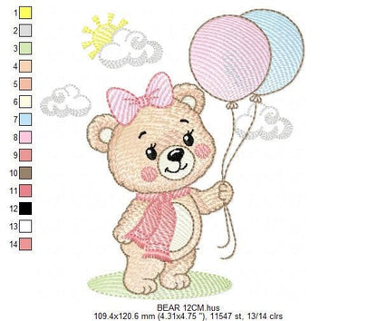 Bear with balloons embroidery designs - Baby girl with scarf machine embroidery pattern - Baby Birthday party - Instant digital download
