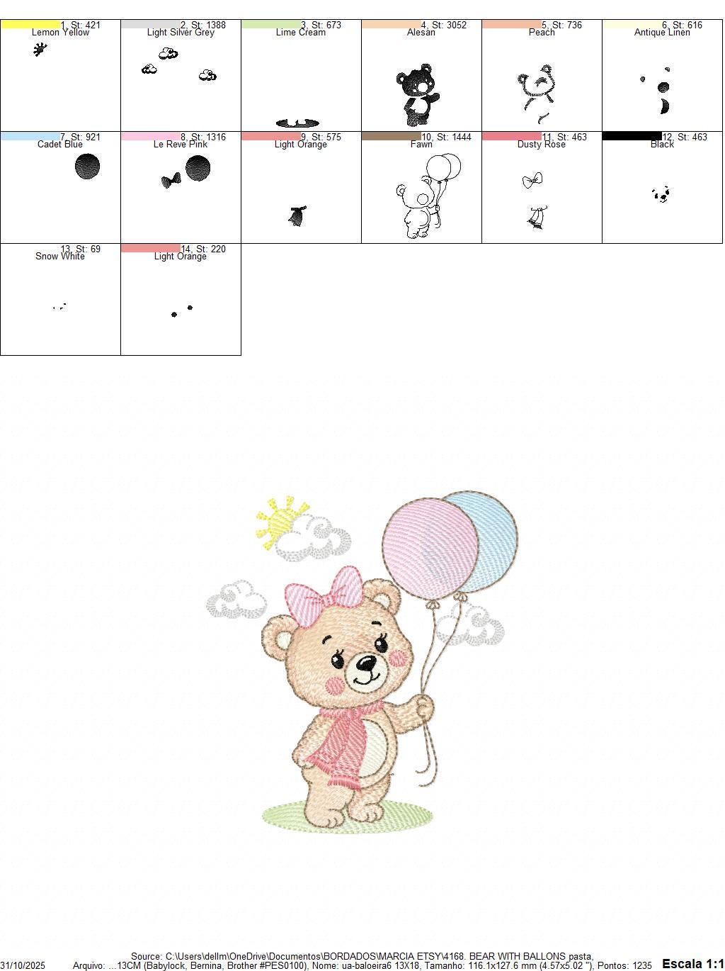 Bear with balloons embroidery designs - Baby girl with scarf machine embroidery pattern - Baby Birthday party - Instant digital download