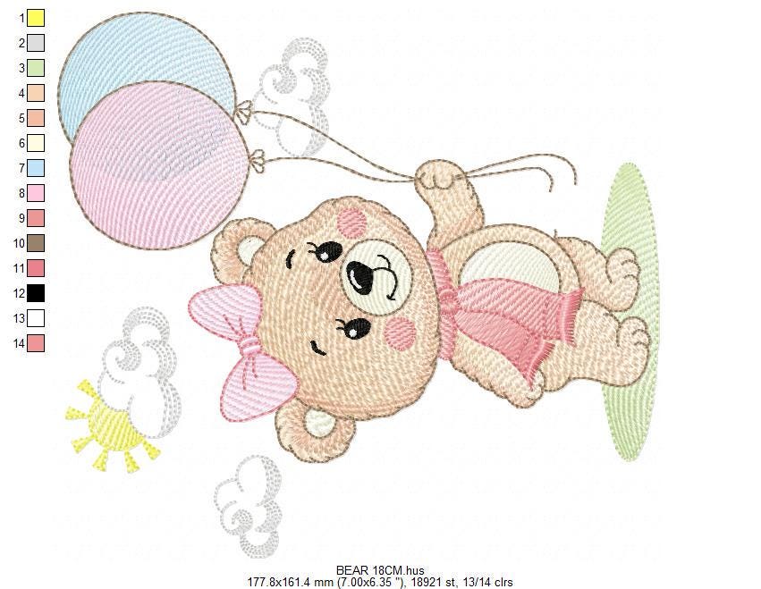 Bear with balloons embroidery designs - Baby girl with scarf machine embroidery pattern - Baby Birthday party - Instant digital download