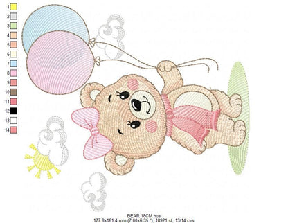 Bear with balloons embroidery designs - Baby girl with scarf machine embroidery pattern - Baby Birthday party - Instant digital download