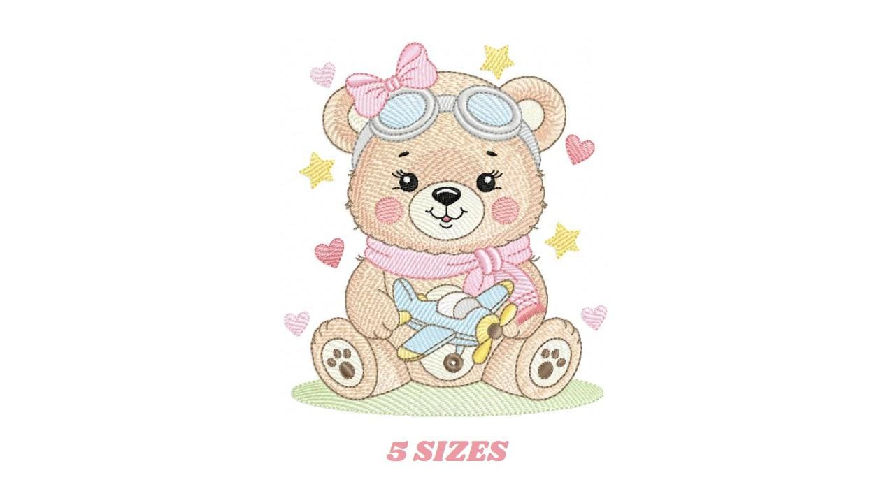Pilot Bear embroidery designs - Baby Girl with airplane machine embroidery pattern - Pink Aviator Teddy bear file - Instant download pes jef