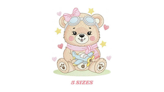 Pilot Bear embroidery designs - Baby Girl with airplane machine embroidery pattern - Pink Aviator Teddy bear file - Instant download pes jef