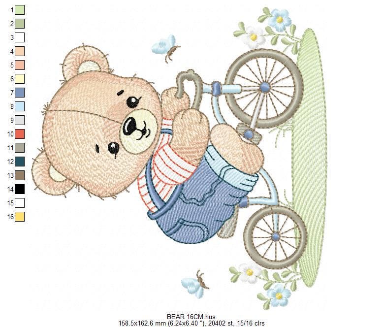 Male Bear with bike embroidery designs - Bear with bicycle machine embroidery pattern - Baby boy file - Instant digital download pes jef dst