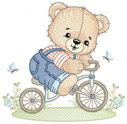 Male Bear with bike embroidery designs - Bear with bicycle machine embroidery pattern - Baby boy file - Instant digital download pes jef dst