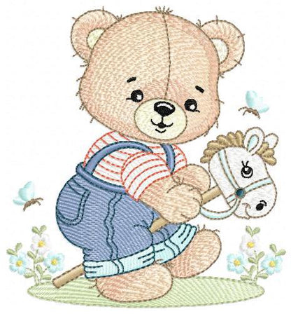 Male Bear with toy horse embroidery designs - Baby boy playing machine embroidery pattern - Instant digital download pes jef dst hus vp3 xxx