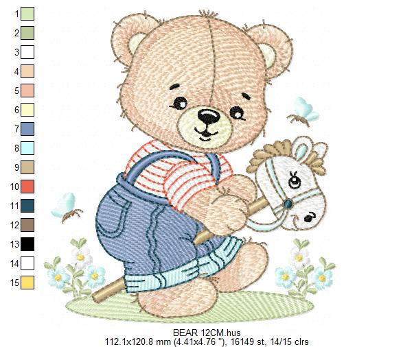 Male Bear with toy horse embroidery designs - Baby boy playing machine embroidery pattern - Instant digital download pes jef dst hus vp3 xxx