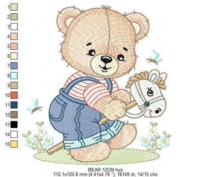 Male Bear with toy horse embroidery designs - Baby boy playing machine embroidery pattern - Instant digital download pes jef dst hus vp3 xxx