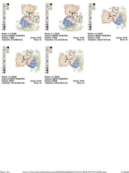 Male Bear with toy horse embroidery designs - Baby boy playing machine embroidery pattern - Instant digital download pes jef dst hus vp3 xxx
