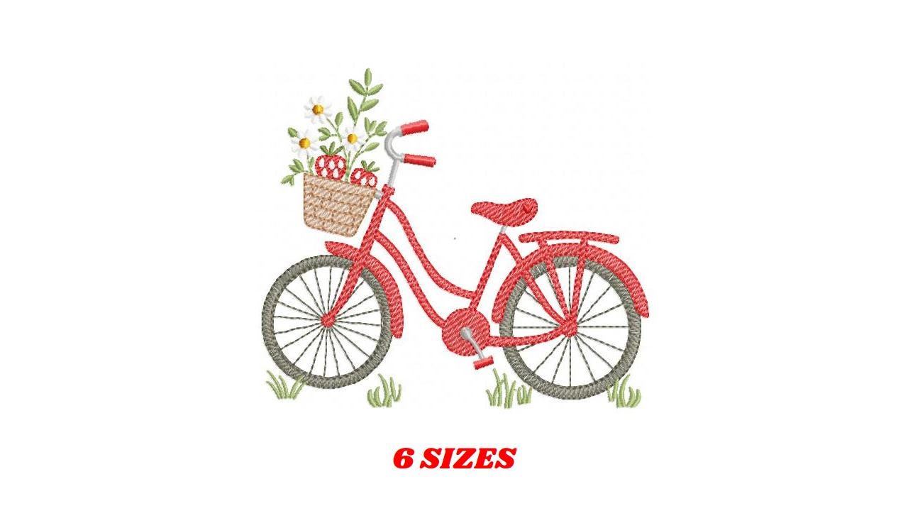 Bike with daisies and strawberries embroidery designs - Bicycle machine embroidery pattern - Baby girl Bike with flowers - Instant download