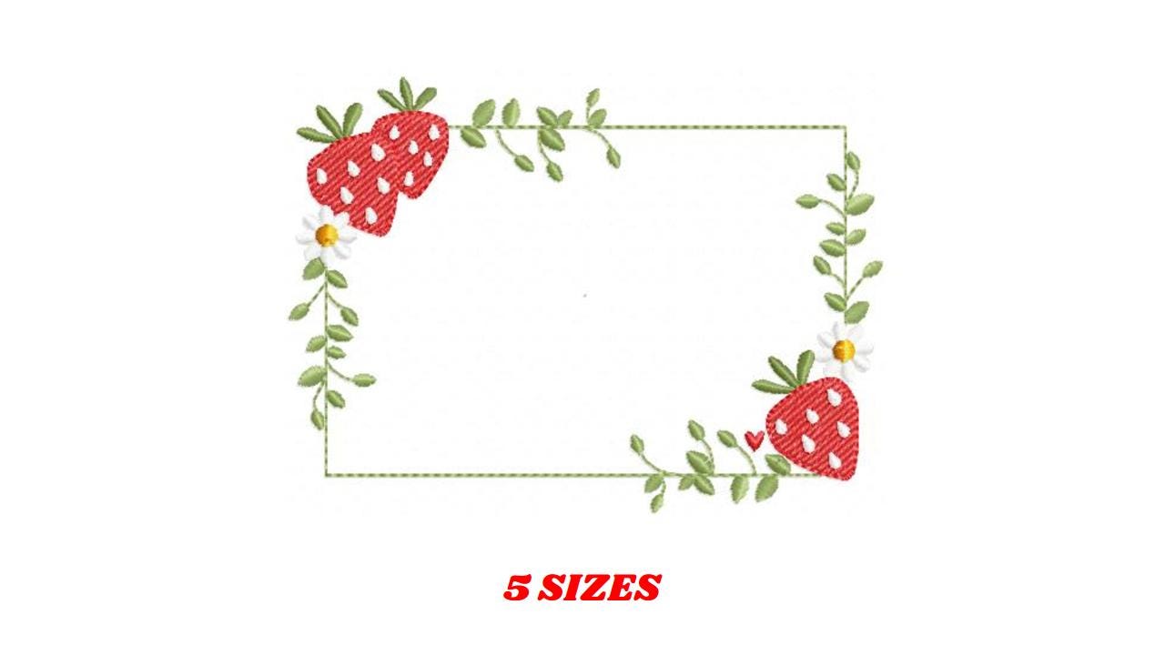Monogram Frame with daisies and strawberries embroidery designs - Flower Square Frame machine pattern - Kitchen Towel - Instant download pes