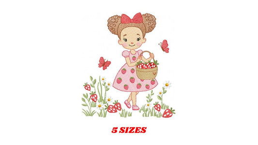 Baby girl princess with daisies embroidery designs - Girl with curly long hair braids and strawberries machine pattern - Instant download
