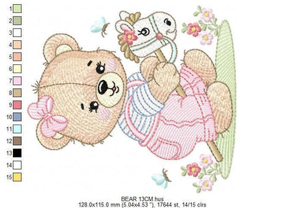 Female Bear with toy horse embroidery designs - Baby girl playing machine embroidery pattern - Instant digital download pes jef dst hus vp3