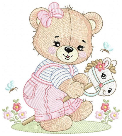 Female Bear with toy horse embroidery designs - Baby girl playing machine embroidery pattern - Instant digital download pes jef dst hus vp3