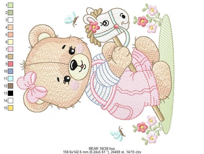 Female Bear with toy horse embroidery designs - Baby girl playing machine embroidery pattern - Instant digital download pes jef dst hus vp3