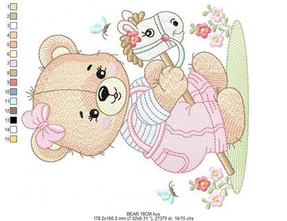 Female Bear with toy horse embroidery designs - Baby girl playing machine embroidery pattern - Instant digital download pes jef dst hus vp3