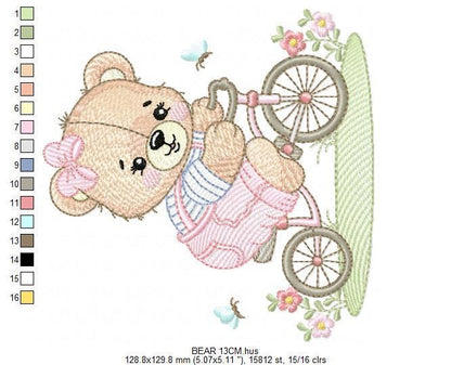 Female Bear with bike embroidery designs - Bear with bicycle machine embroidery pattern - Baby girl file - Instant digital download pes jef