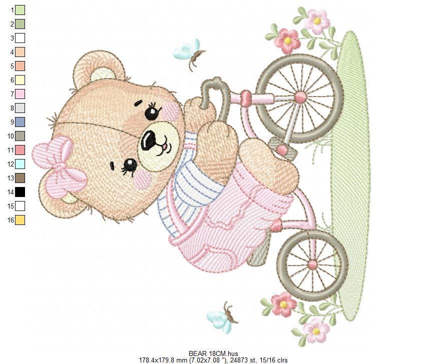 Female Bear with bike embroidery designs - Bear with bicycle machine embroidery pattern - Baby girl file - Instant digital download pes jef