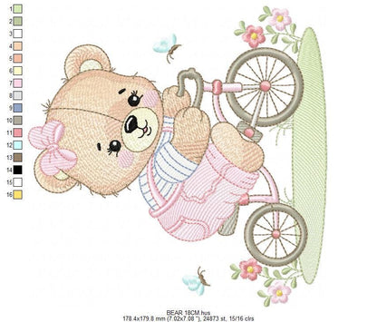 Female Bear with bike embroidery designs - Bear with bicycle machine embroidery pattern - Baby girl file - Instant digital download pes jef
