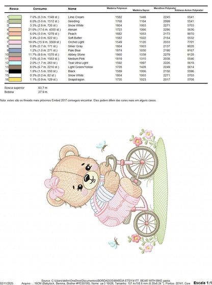 Female Bear with bike embroidery designs - Bear with bicycle machine embroidery pattern - Baby girl file - Instant digital download pes jef