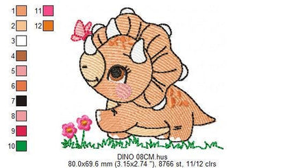 Dinosaur embroidery designs - Dino with butterfly machine embroidery pattern - Baby Boy Triceratops file - Instant download pes jef dst vp3