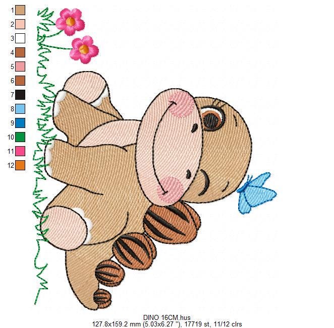 Dinosaur embroidery designs - Baby Boy Dino machine embroidery pattern - Brontosaurus with Butterfly - instant digital download pes jef dst