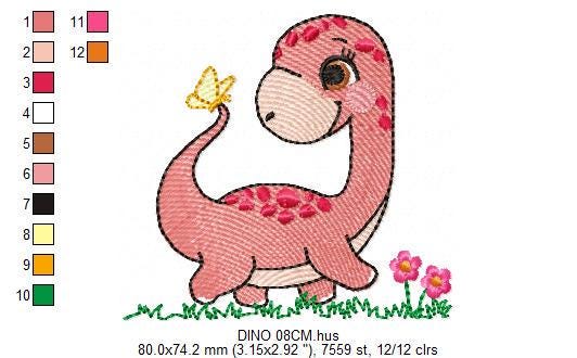 Dinosaur embroidery designs - Dino with flowers machine embroidery pattern - Baby boy file Brontosaurus - instant digital download pes jef