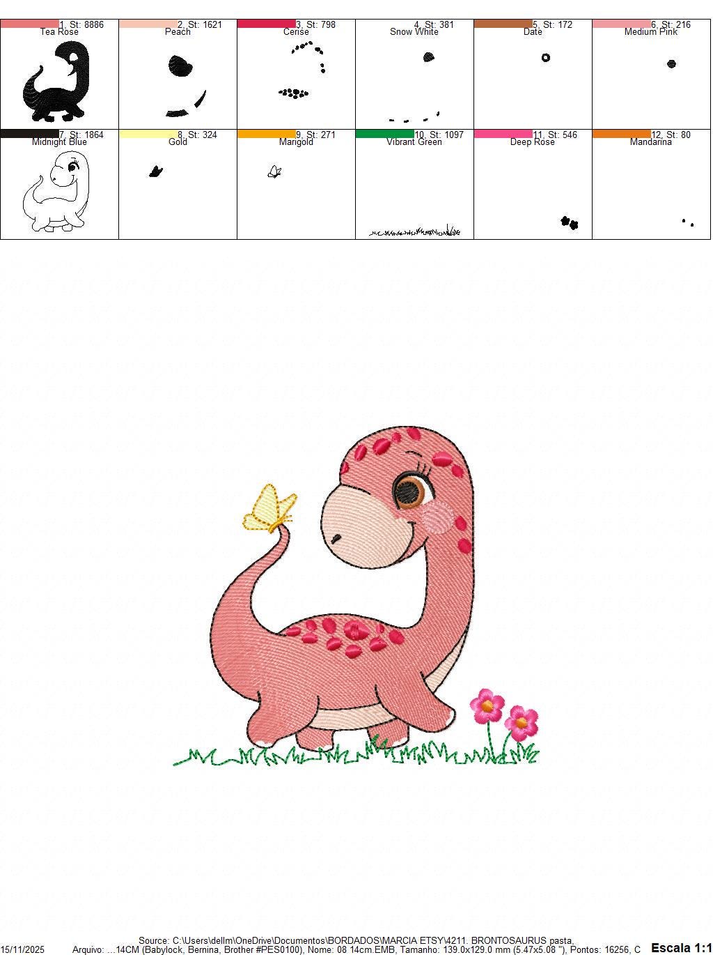 Dinosaur embroidery designs - Dino with flowers machine embroidery pattern - Baby boy file Brontosaurus - instant digital download pes jef