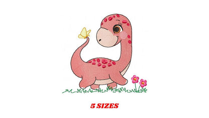 Dinosaur embroidery designs - Dino with flowers machine embroidery pattern - Baby boy file Brontosaurus - instant digital download pes jef