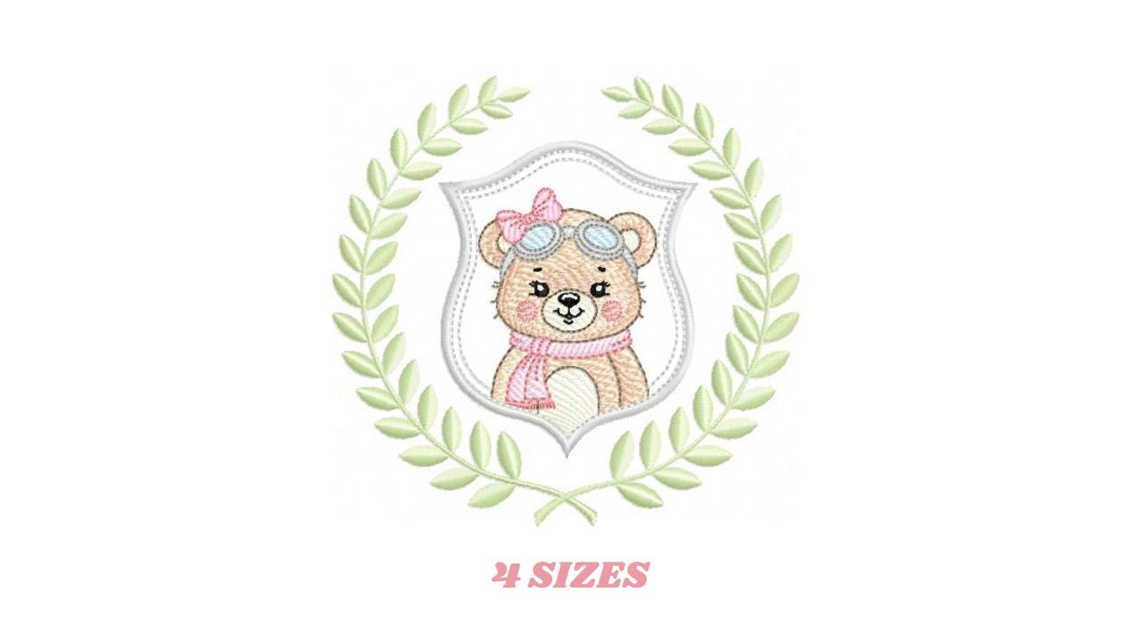 Pilot Bear embroidery designs - Baby Girl Aviator with laurel frame machine embroidery pattern - Teddy bear file - Instant digital download