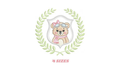 Pilot Bear embroidery designs - Baby Girl Aviator with laurel frame machine embroidery pattern - Teddy bear file - Instant digital download