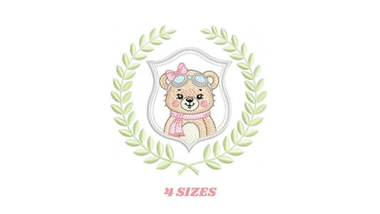 Pilot Bear embroidery designs - Baby Girl Aviator with laurel frame machine embroidery pattern - Teddy bear file - Instant digital download