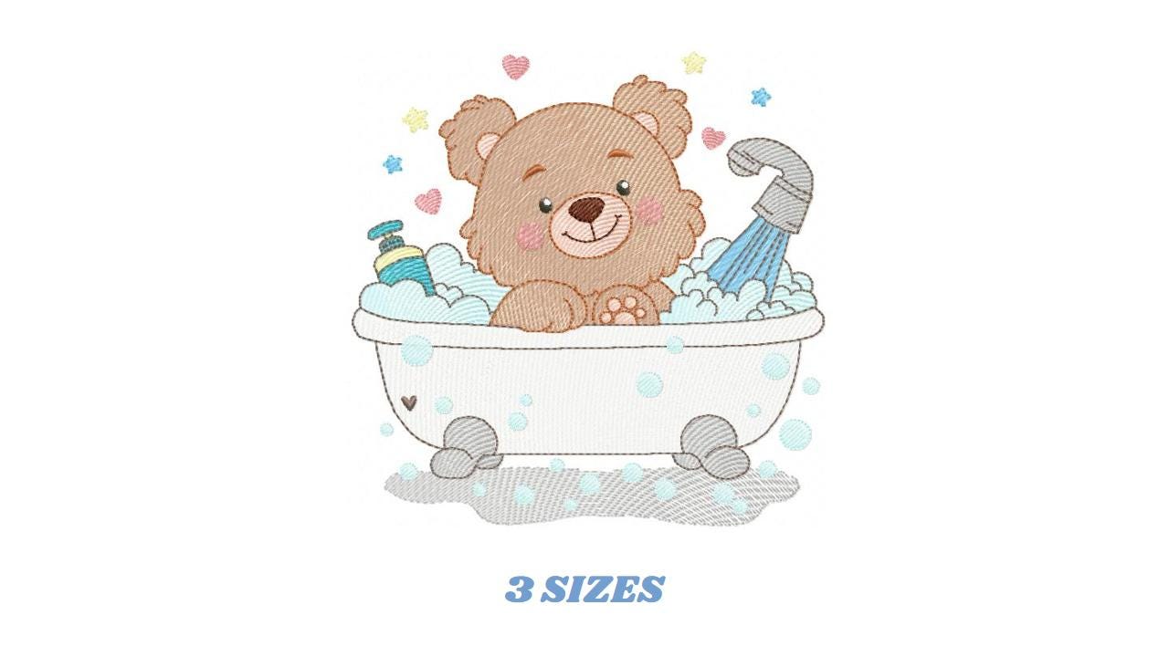Teddy Bear Bathing embroidery designs - Male bear in bathtub machine embroidery pattern - Baby boy file - Instant digital download pes jef