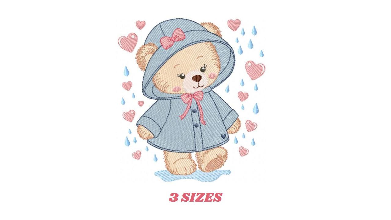 Female Bear embroidery designs - Baby girl bear with rain and raincoat machine embroidery pattern - Instant digital download pes jef dst hus