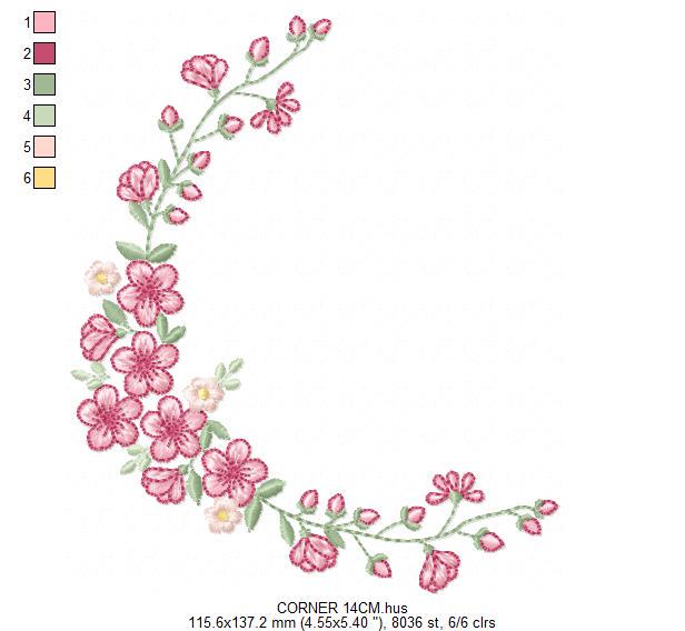 Roses Corner embroidery designs - Cherry Blossom Flowers machine embroidery pattern - Floral Frame file - Instant digital download pes jef