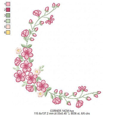 Roses Corner embroidery designs - Cherry Blossom Flowers machine embroidery pattern - Floral Frame file - Instant digital download pes jef