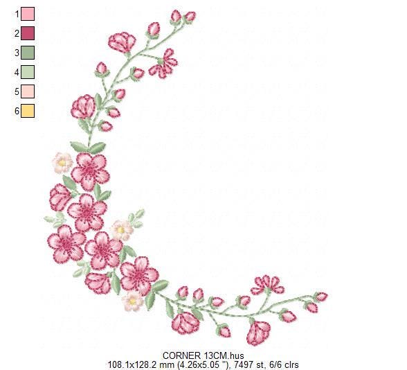 Roses Corner embroidery designs - Cherry Blossom Flowers machine embroidery pattern - Floral Frame file - Instant digital download pes jef